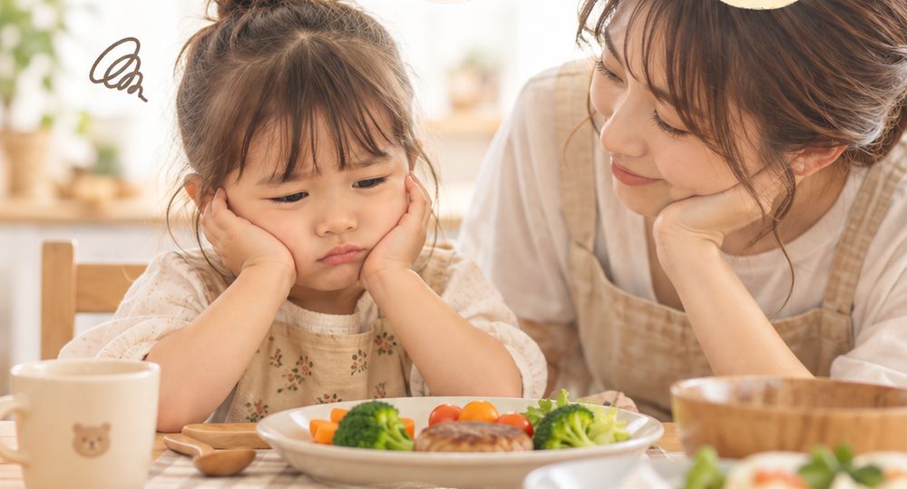 食卓で頬づえをつく子どもと、困り顔のお母さん（イメージ）